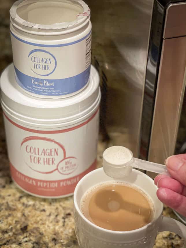 Fashion Blogger 50 Is Not Old is showing the Collagen For Her supplements that she puts in her morning coffee