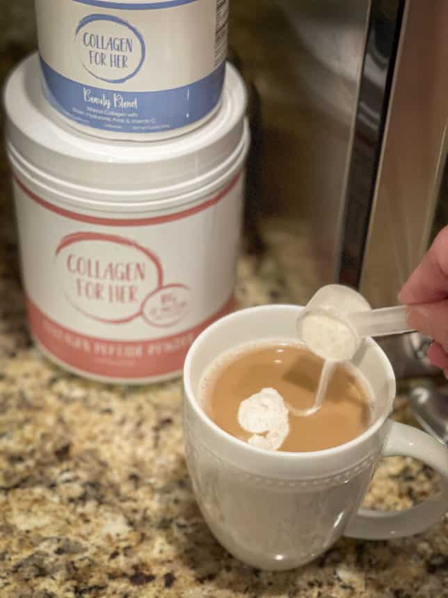 Fashion Blogger 50 Is Not Old is showing the Collagen For Her supplements that she puts in her coffee in the mornings