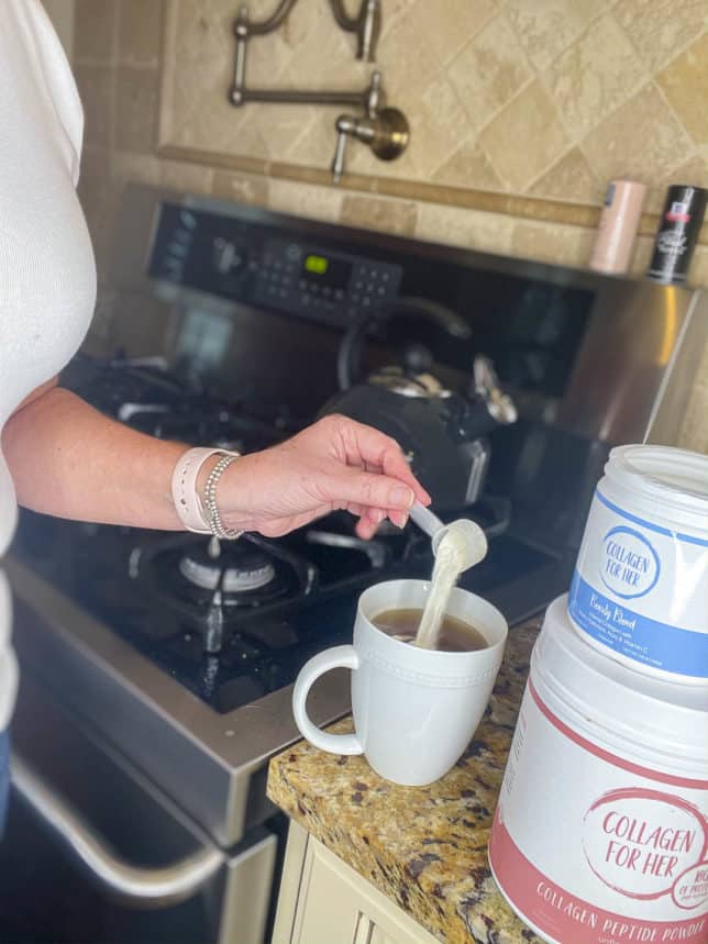 Fashion Blogger 50 Is Not Old is showing the Collagen For Her supplements that she puts in her tea in the afternoon