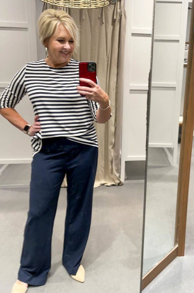 Fashion Blogger 50 Is Not Old is doing a J.Jill try on with a navy striped shirt and navy wide leg pants