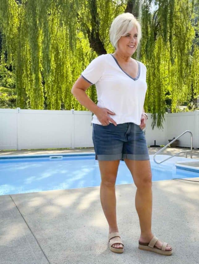 Fashion Blogger 50 Is Not Old is wearing a casual style of ringed t-shirt and jean shorts with platform sandals