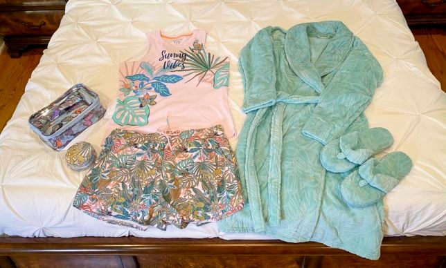 Fashion Blogger 50 Is Not Old is showing her pajamas, robe, and slippers from Vera Bradley