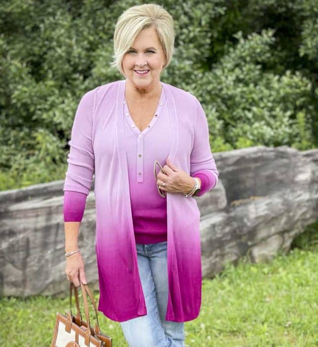 Fashion Blogger 50 Is Not Old is looking colorful in a pink ombre tank and coverup