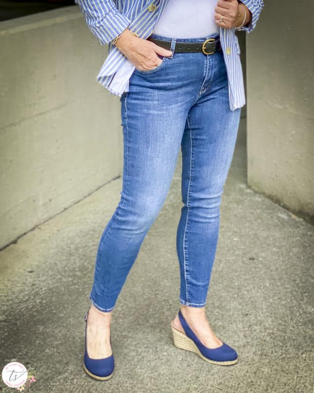 Fashion Blogger 50 Is Not Old is wearing skinny jeans and navy espadrilles