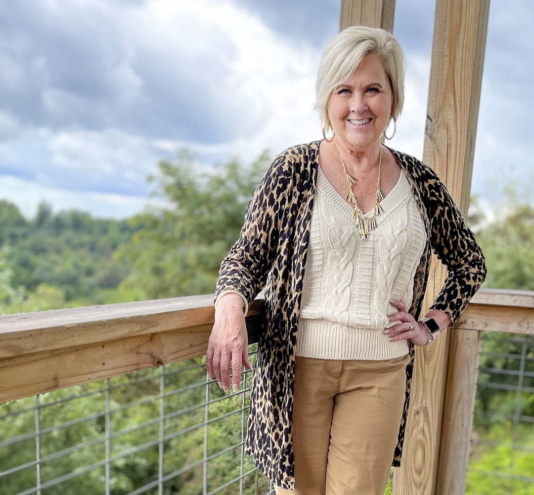 Over 40 Fashion Blogger, Tania Stephens, is doing a shop your closet tutorial with this cable-knit sweater and a linen leopard print cardigan