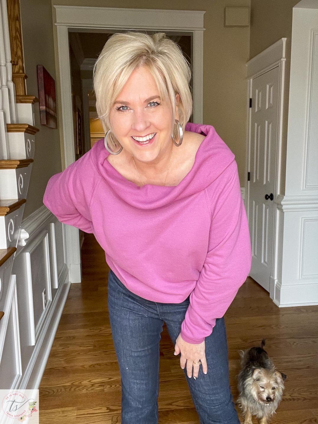 Over 40 fashion blogger, Tania Stephens is wearing 4 sweatshirts today, starting with this off the shoulder pink one from Kohls