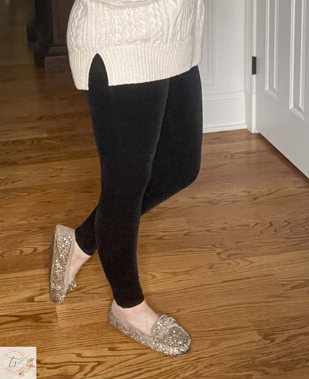 Over 40 Fashion Blogger, Tania Stephens, is celebrating the holidays at home in black velvet leggings from Spanx