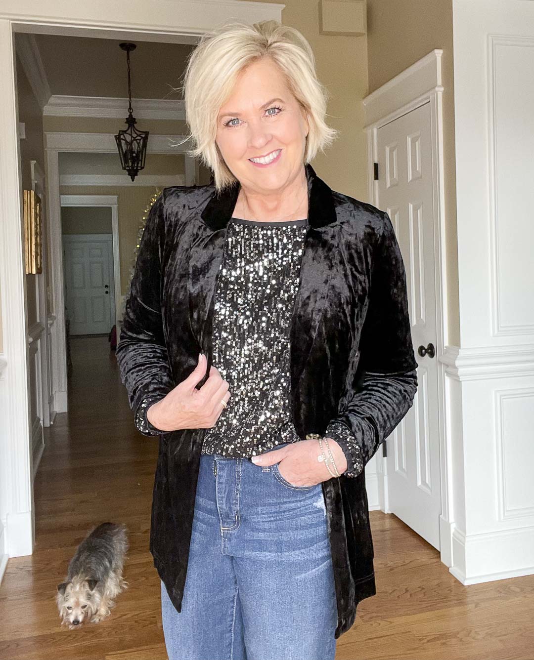 Over 40 Fashion Blogger, Tania Stephens is wearing a charcoal sequined top and a black crushed velvet blaze