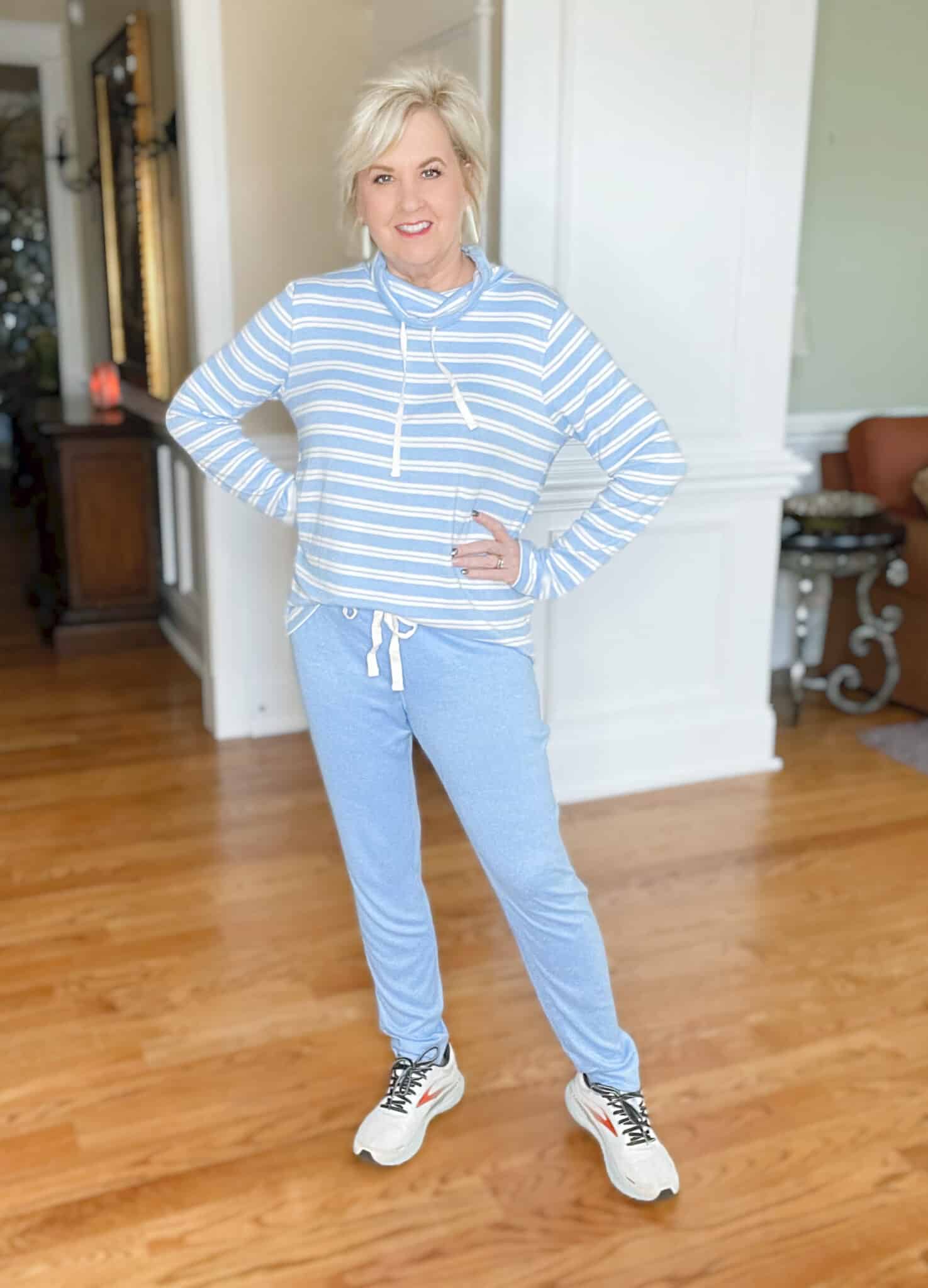 Over 40 Fashion Blogger, Tania Stephens is cozy in this blue striped top and jogger set from Loft