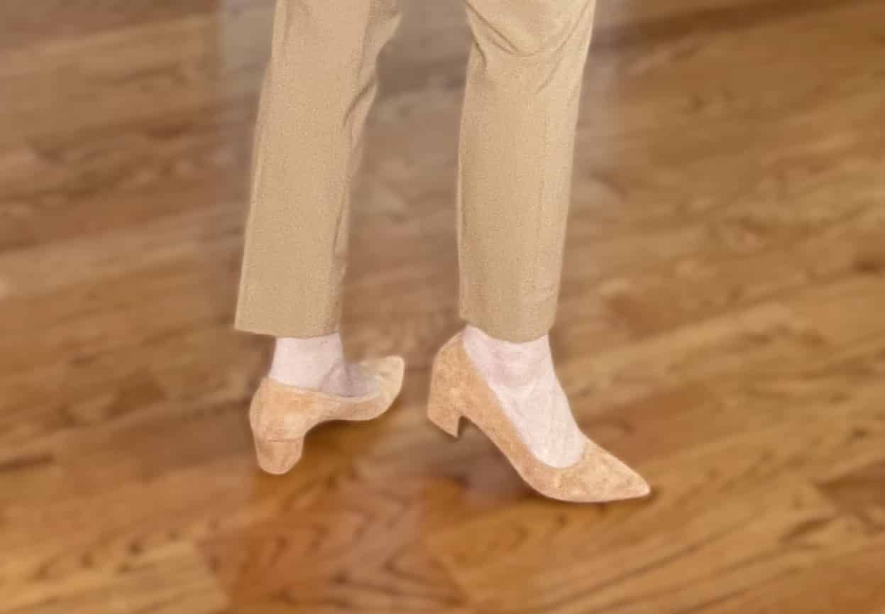 Over 40 Fashion Blogger, Tania Stephens is wearing suede camel shoes