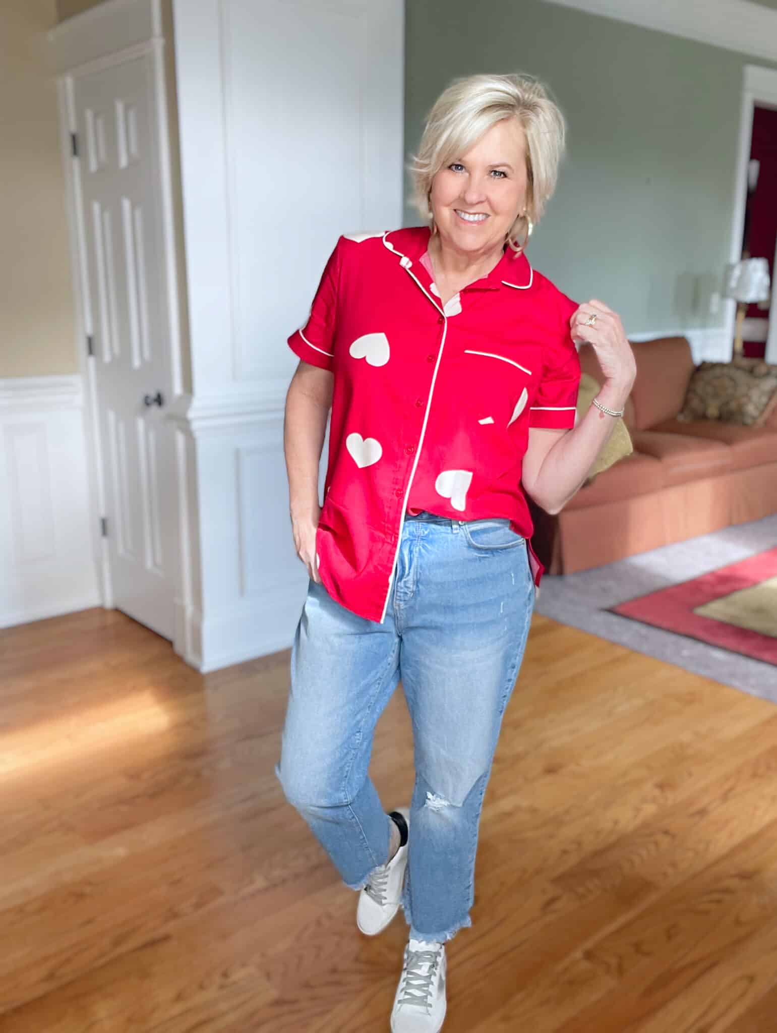 Over 40 Fashion Blogger, Tania Stephens is looking for love with her Valentine's Day heart pajama top and distressed jeans