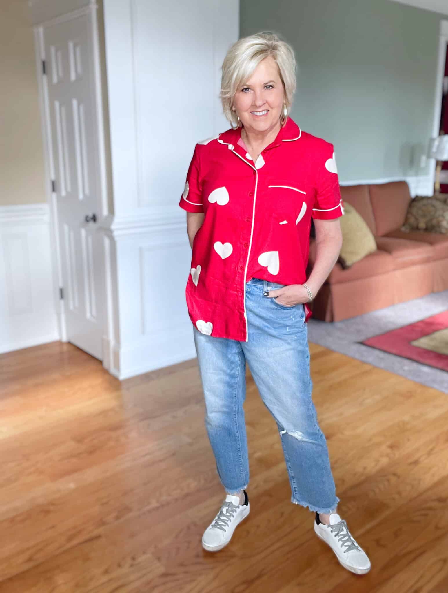 Over 40 Fashion Blogger, Tania Stephens is looking for love with her Valentine's Day pajama top and distressed jeans
