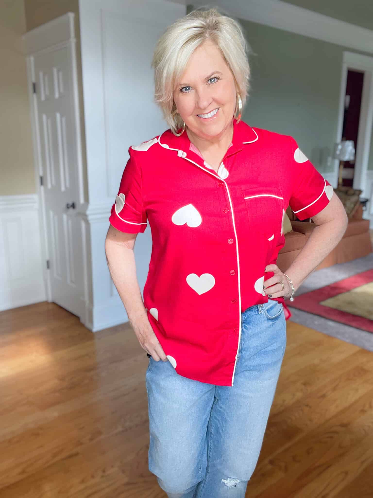 Over 40 Fashion Blogger, Tania Stephens is looking for love with her Valentine's Day heart pajama top