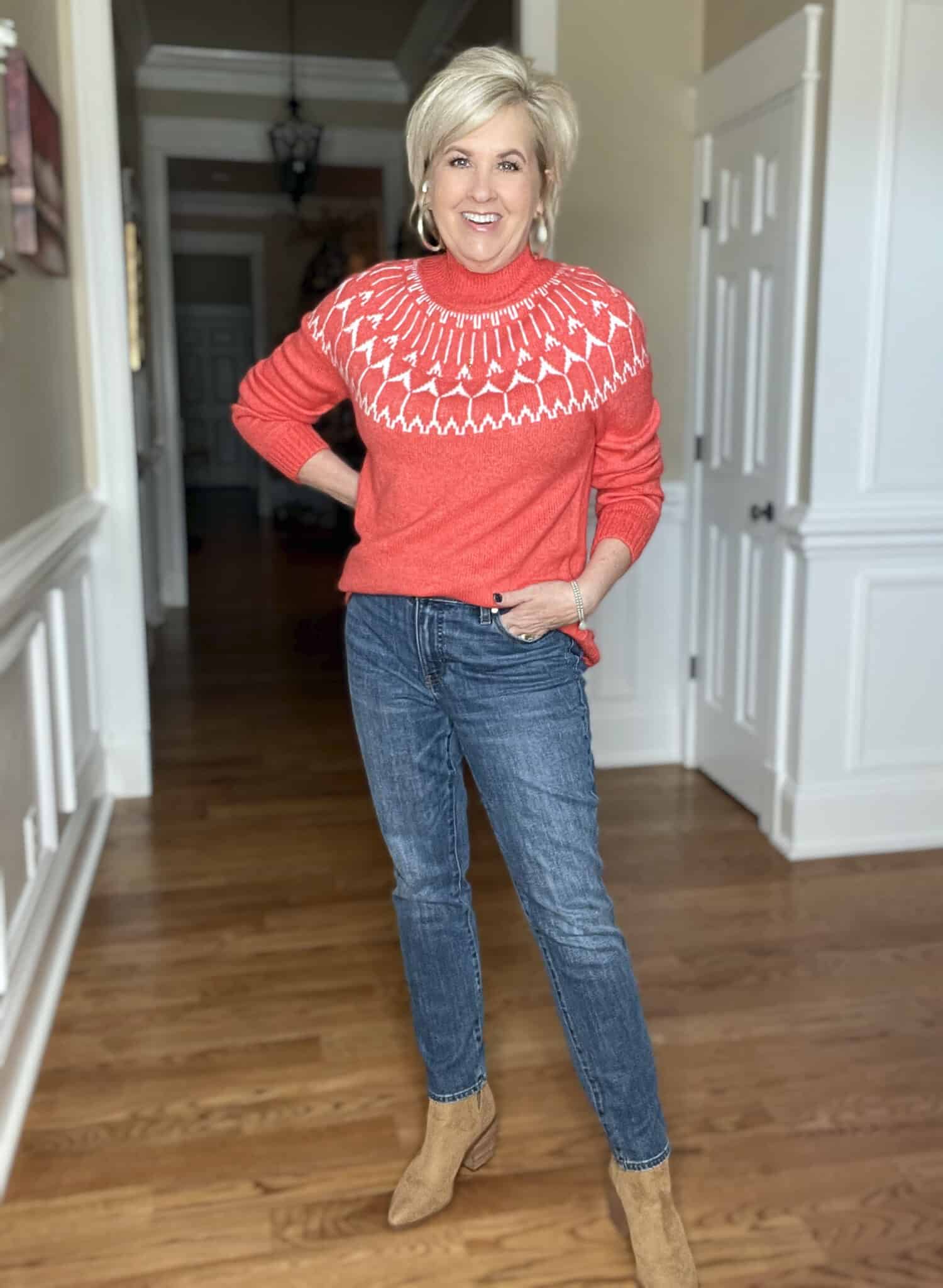 Over 40 Fashion Blogger, Tania Stephens is wearing a Fair isle sweater and ankle jeans
