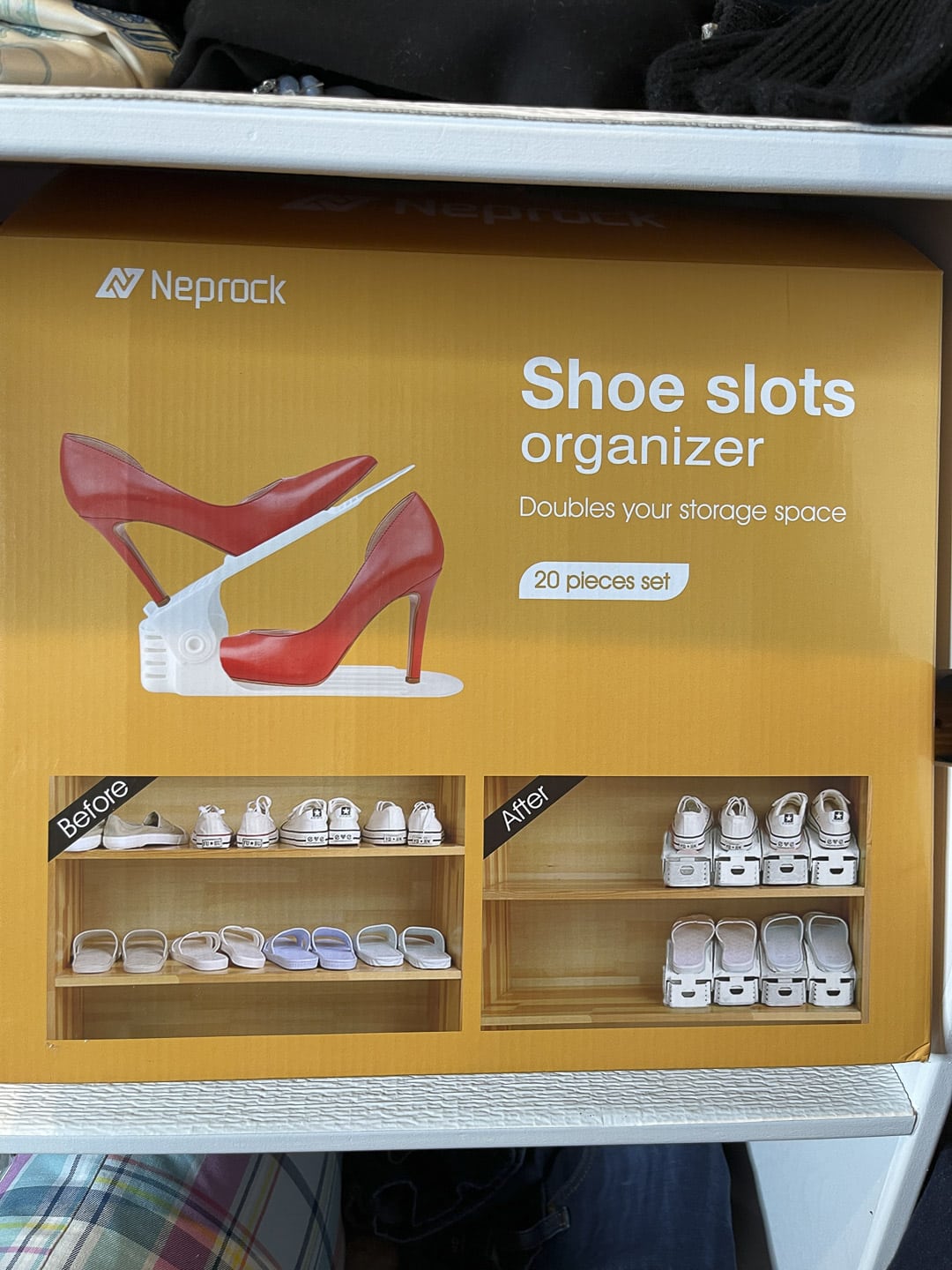 Over 40 Fashion Blogger, Tania Stephens is showing shoe organizers that she found on Amazon