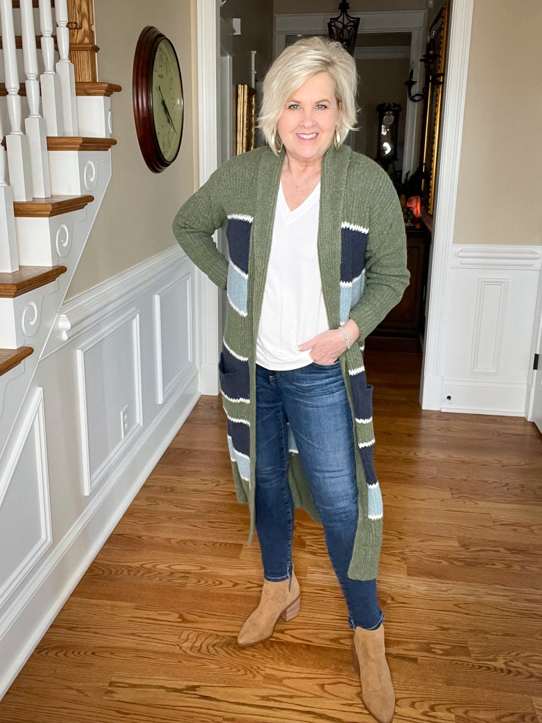 Over 40 Fashion Blogger, Tania Stephens is wearing a white t-shirt and skinny jeans with a striped cardigan and boots