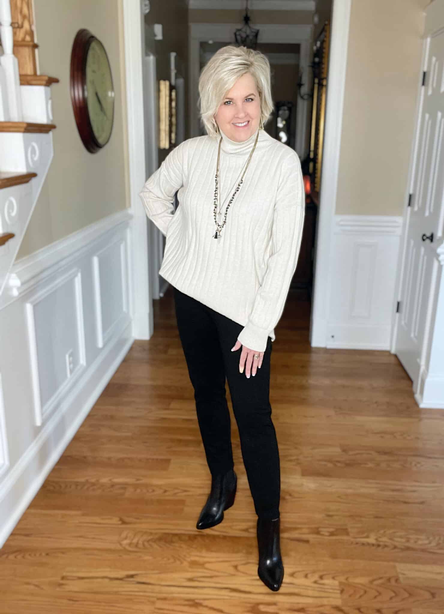 Nordstrom ivory sweater and black boots