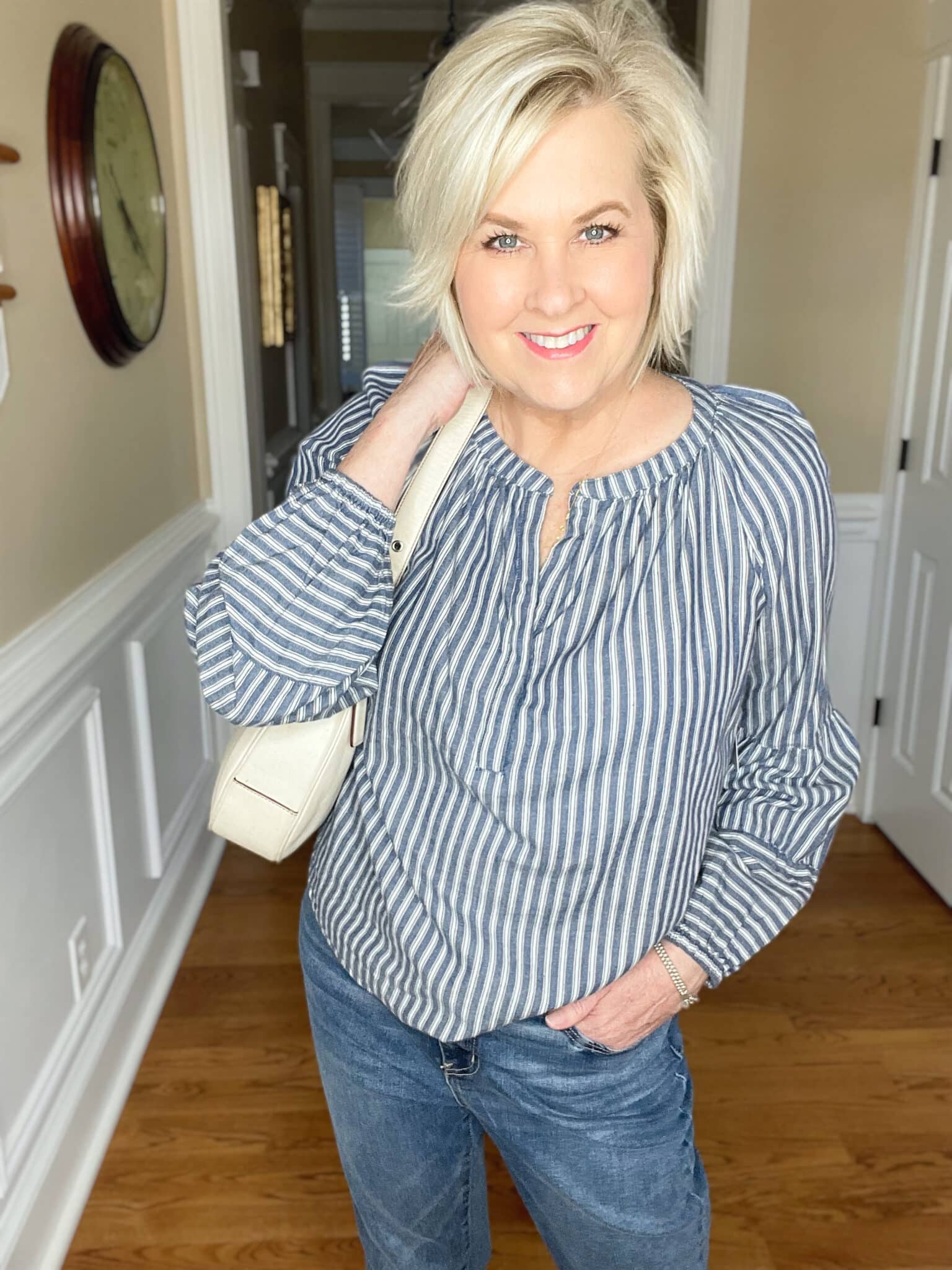 Over 40 Fashion Blogger, Tania Stephens is styling a striped shirt