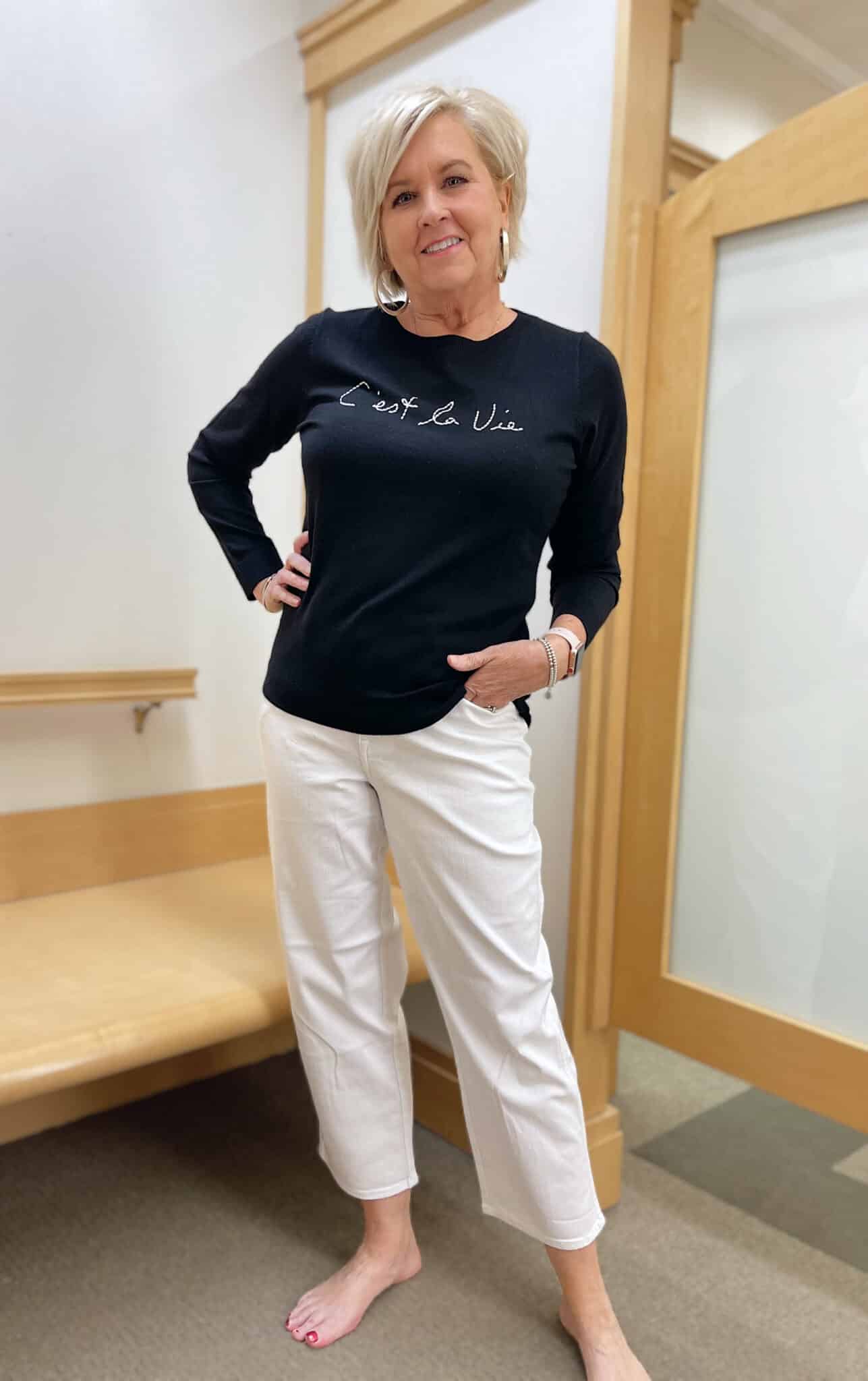 Over 40 Fashion Blogger, Tania Stephens is doing a try-on haul from Talbots inside the dressing room 13
