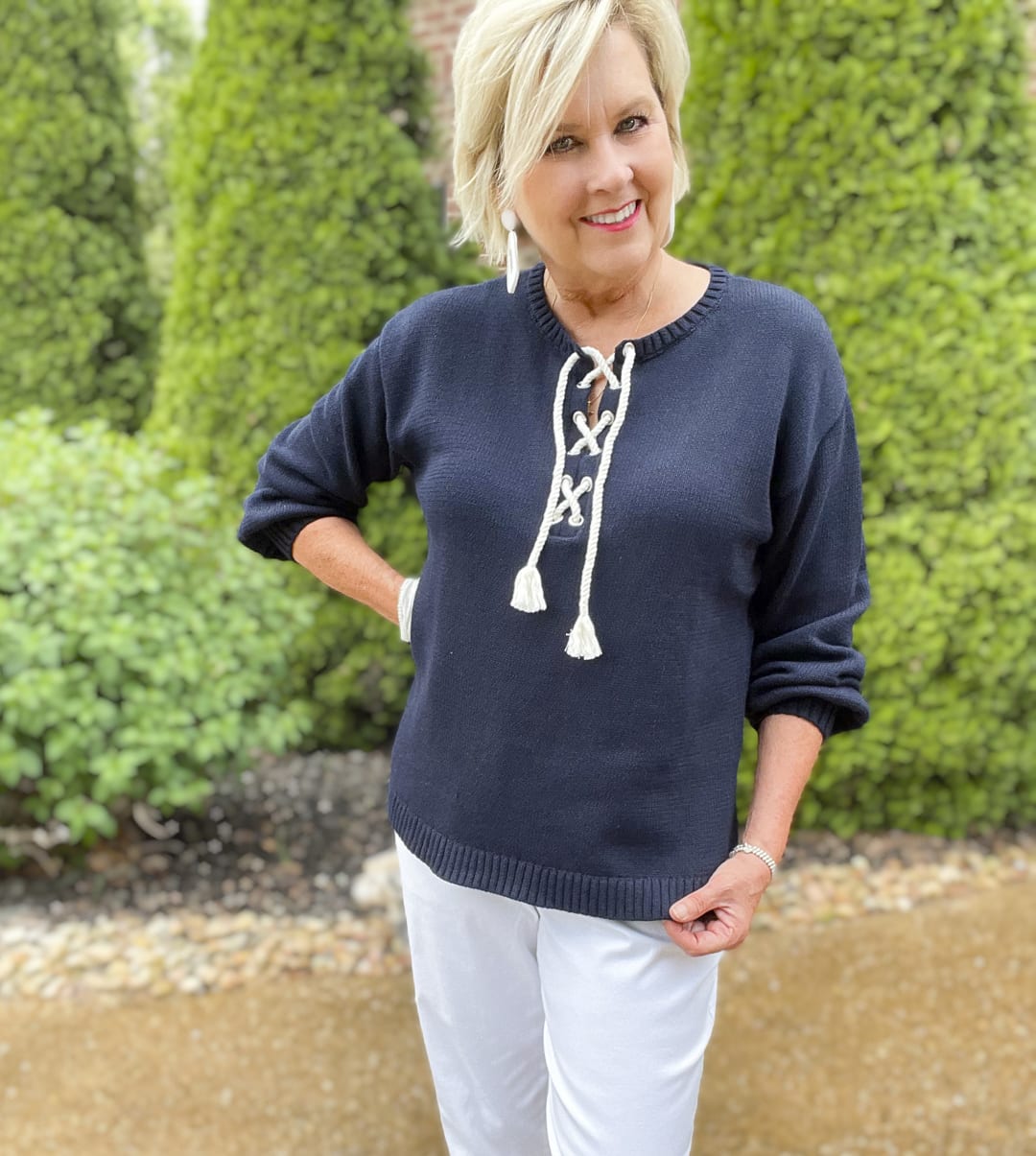 Over 40 Fashion Blogger, Tania Stephens is styling a navy and white Talbots outfit3