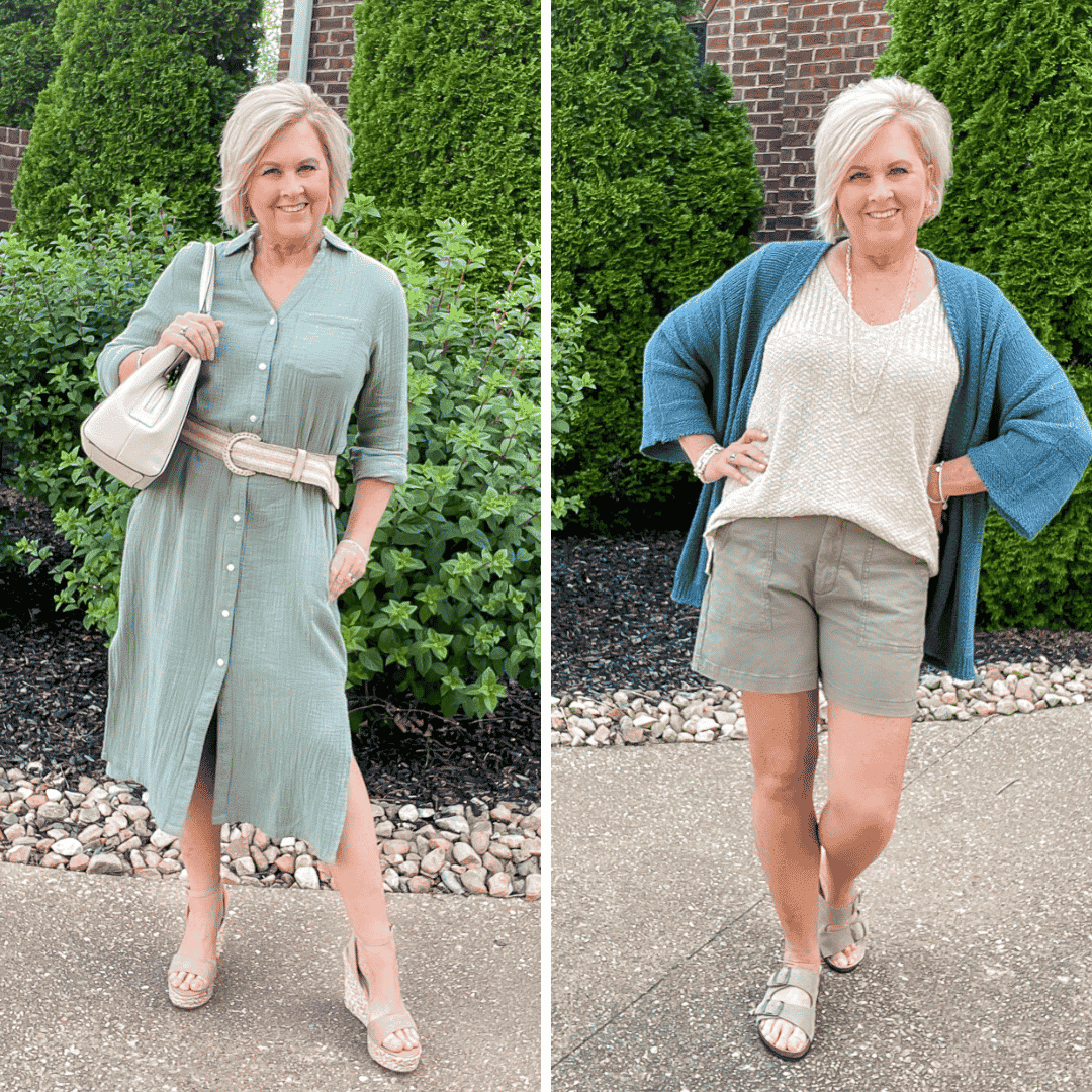 Over 40 Fashion Blogger, Tania Stephens is styling an outfit in shades of green