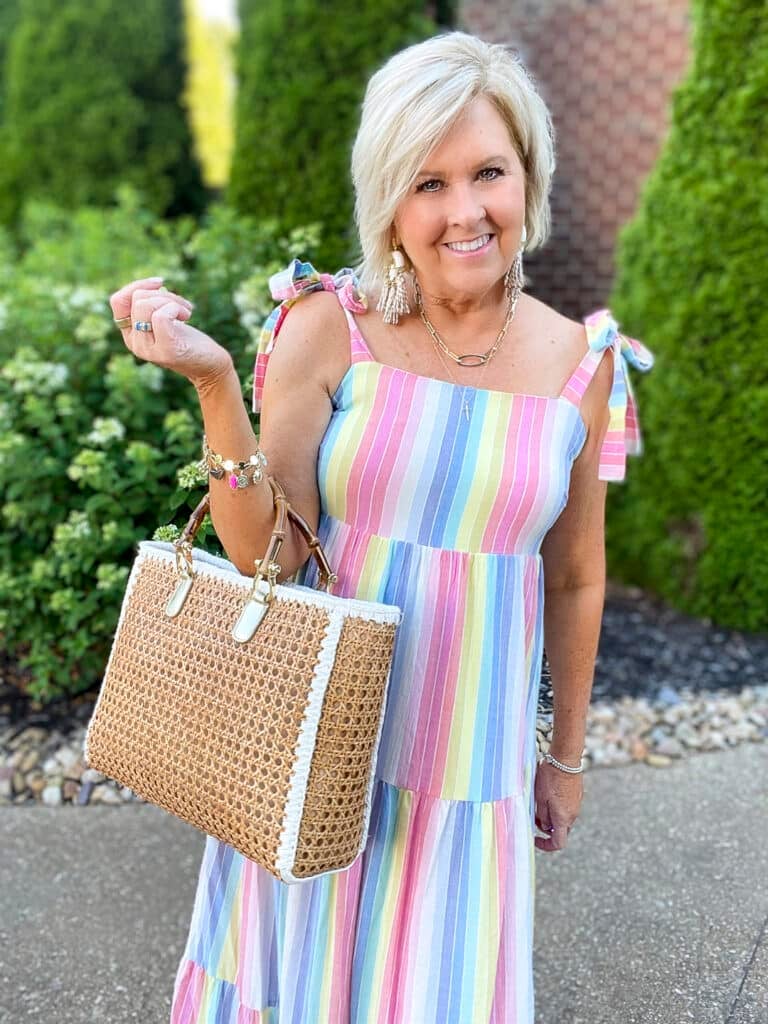 Over 40 Fashion Blogger, Tania Stephens is wearing a rainbow striped maxi dress from Kohl's 15