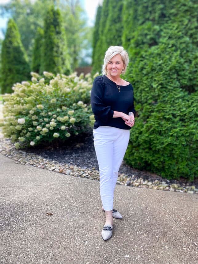 Over 40 Fashion Blogger, Tania Stephens is wearing white crops with black after labor day 18