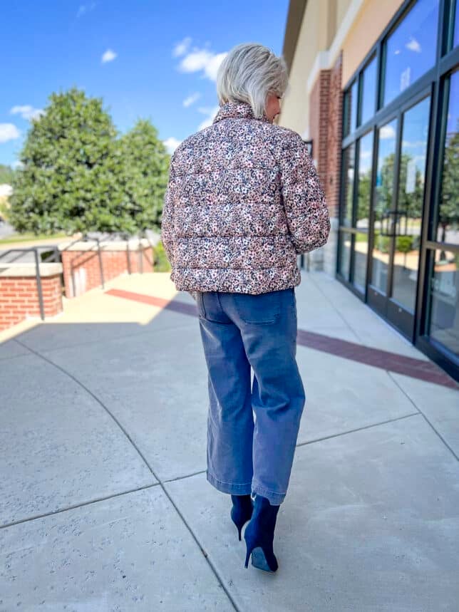 Over 40 Fashion Blogger, Tania Stephens is wearing a puffer jacket and black crop wide leg jeans from Walmart2