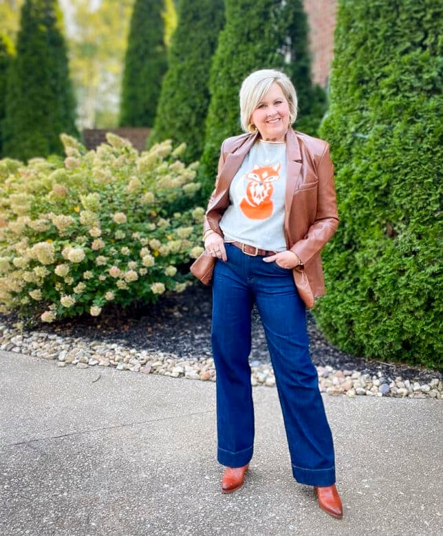 Over 40 Fashion Blogger, Tania Stephens is wearing a pair of trouser jeans with a fox sweater 59