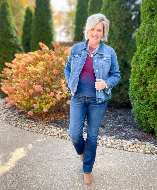 Over 40 Fashion Blogger, Tania Stephens is wearing an ombre sweater and jeans from Walmart 7