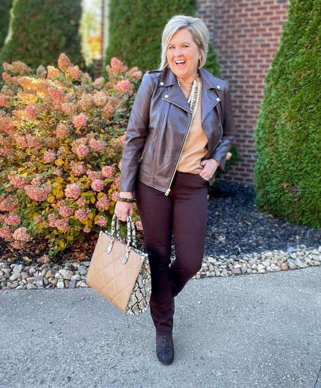 Over 40 Fashion Blogger, Tania Stephens is wearing shades of brown with a faux leather jacket11