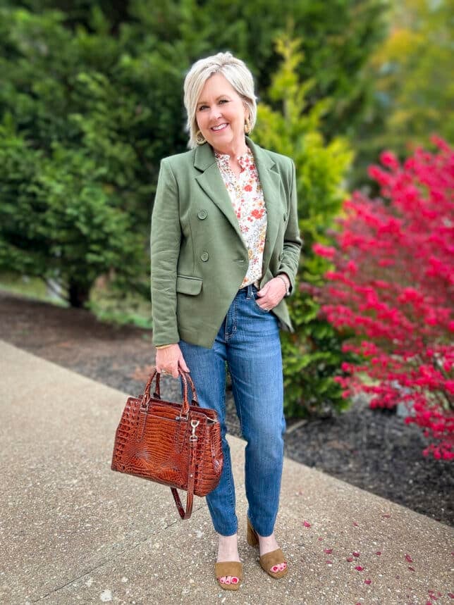 Over 40 Fashion Blogger, Tania Stephens is wearing an olive green blazer from Gibsonlook for fall 1