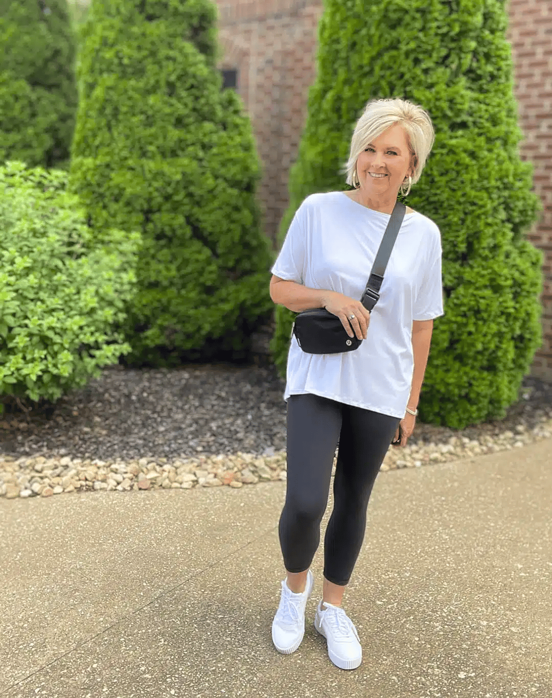 Tania Stephens wearing a Short Sleeve Boatneck T-Shirt and black Align Leggings 
