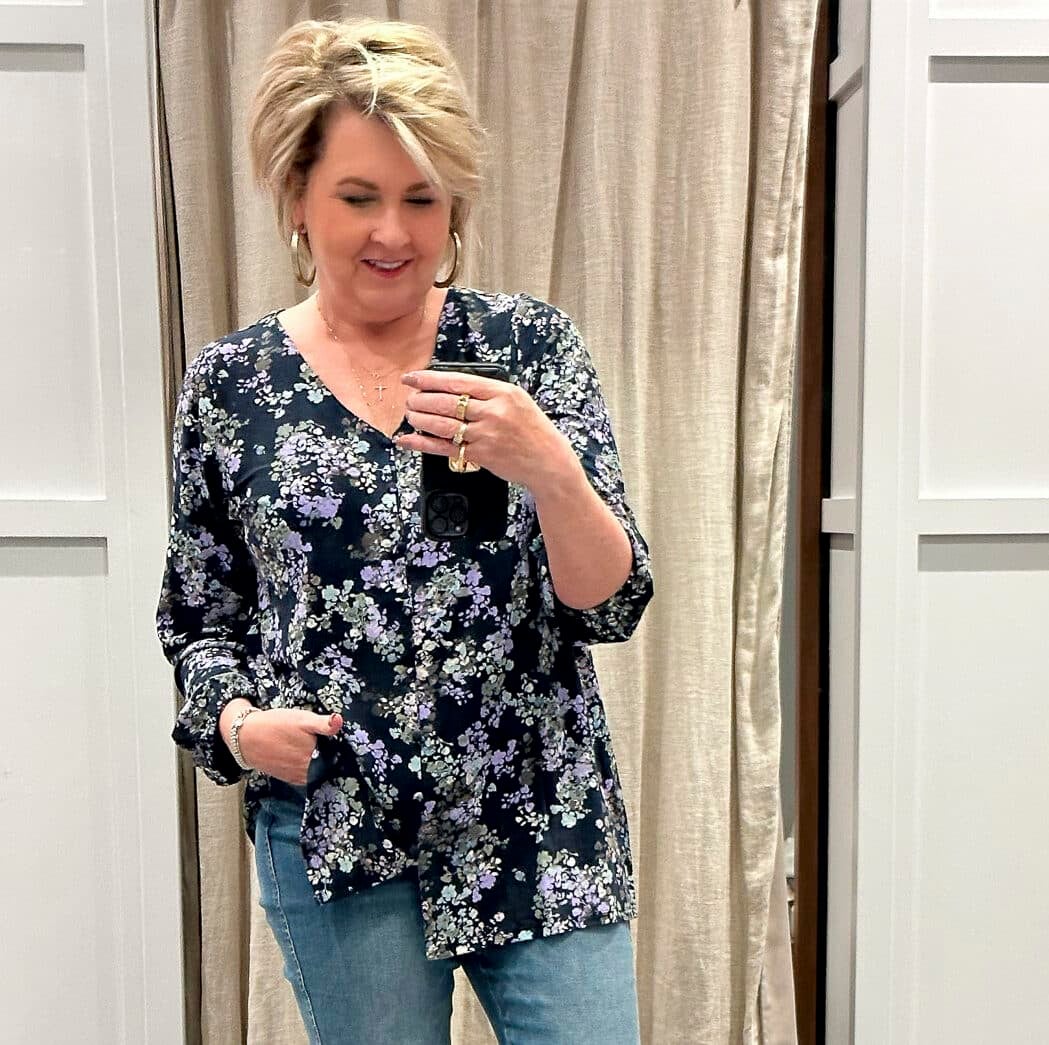 Tania Stephens with 50 is not old is styling a J.Jill floral printed tunic top and jeans2