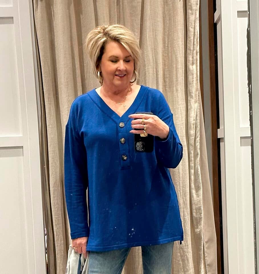 Tania Stephens with 50 is not old is styling a J.Jill blue tunic and jeans