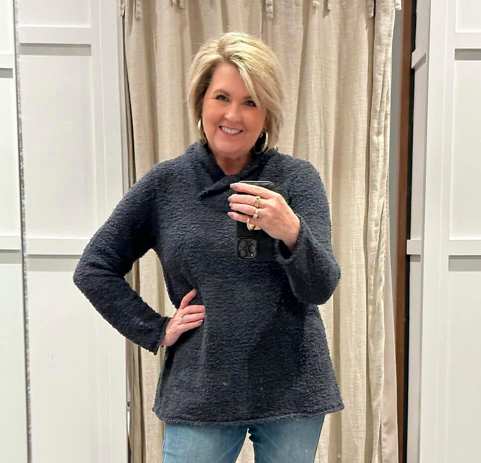 Tania Stephens with 50 is not old is styling a J.Jill soft fuzzy top and jeans7