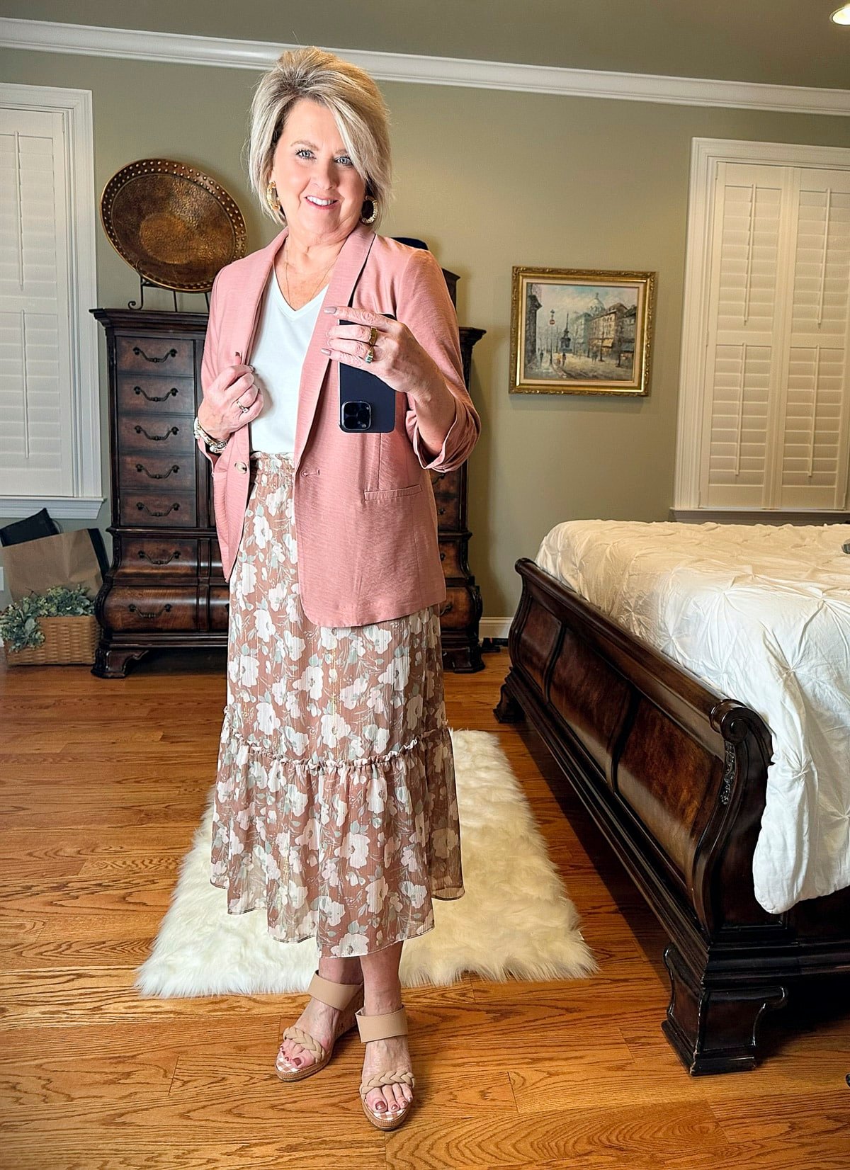 Fashion Blogger, 50 Is Not Old is styling a mauve blazer with a floral skirt for a dressy look5
