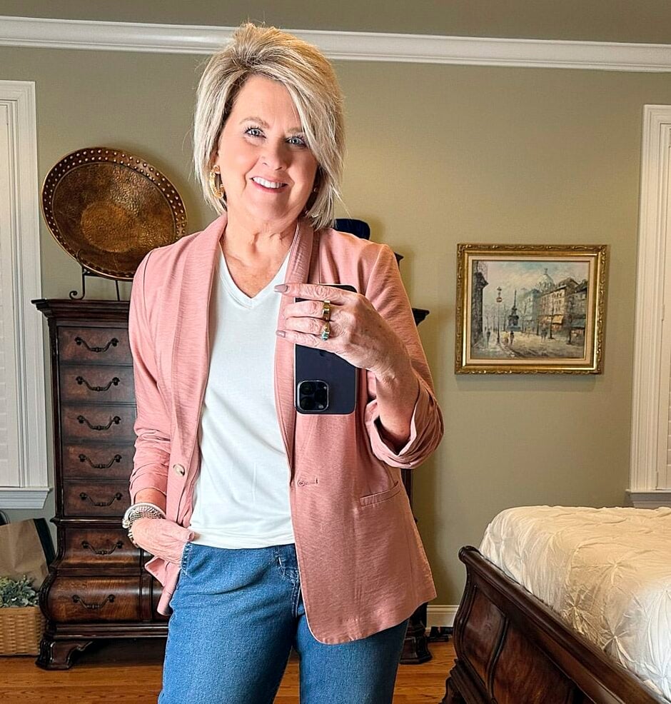 Fashion Blogger, 50 Is Not Old is styling a mauve blazer with jeans for a casual look8