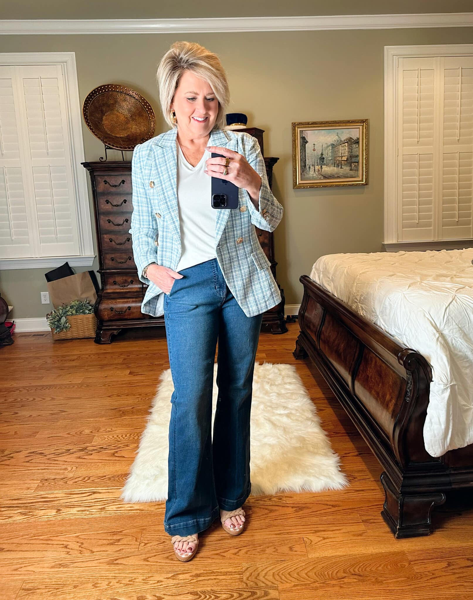 Fashion blogger, 50 Is Not Old is wearing casual and affordable styles over 50 with a blue plaid blazer from Walmart3