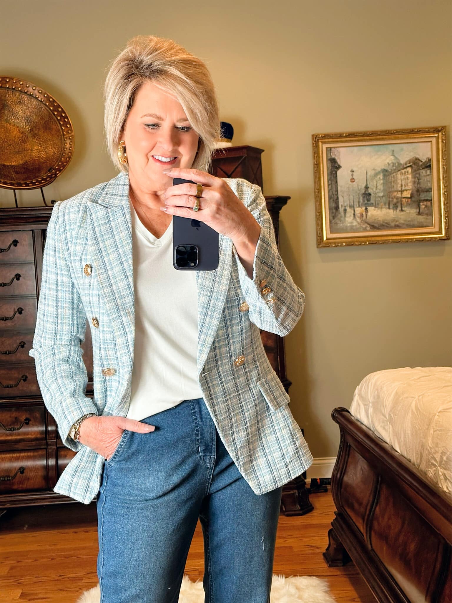 Fashion blogger, 50 Is Not Old is wearing casual and affordable styles over 50 with a blue plaid blazer from Walmart5