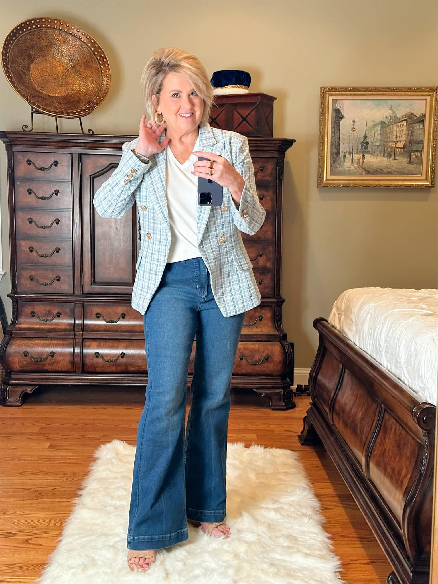 Fashion blogger, 50 Is Not Old is wearing casual and affordable styles over 50 with a blue plaid blazer from Walmart1
