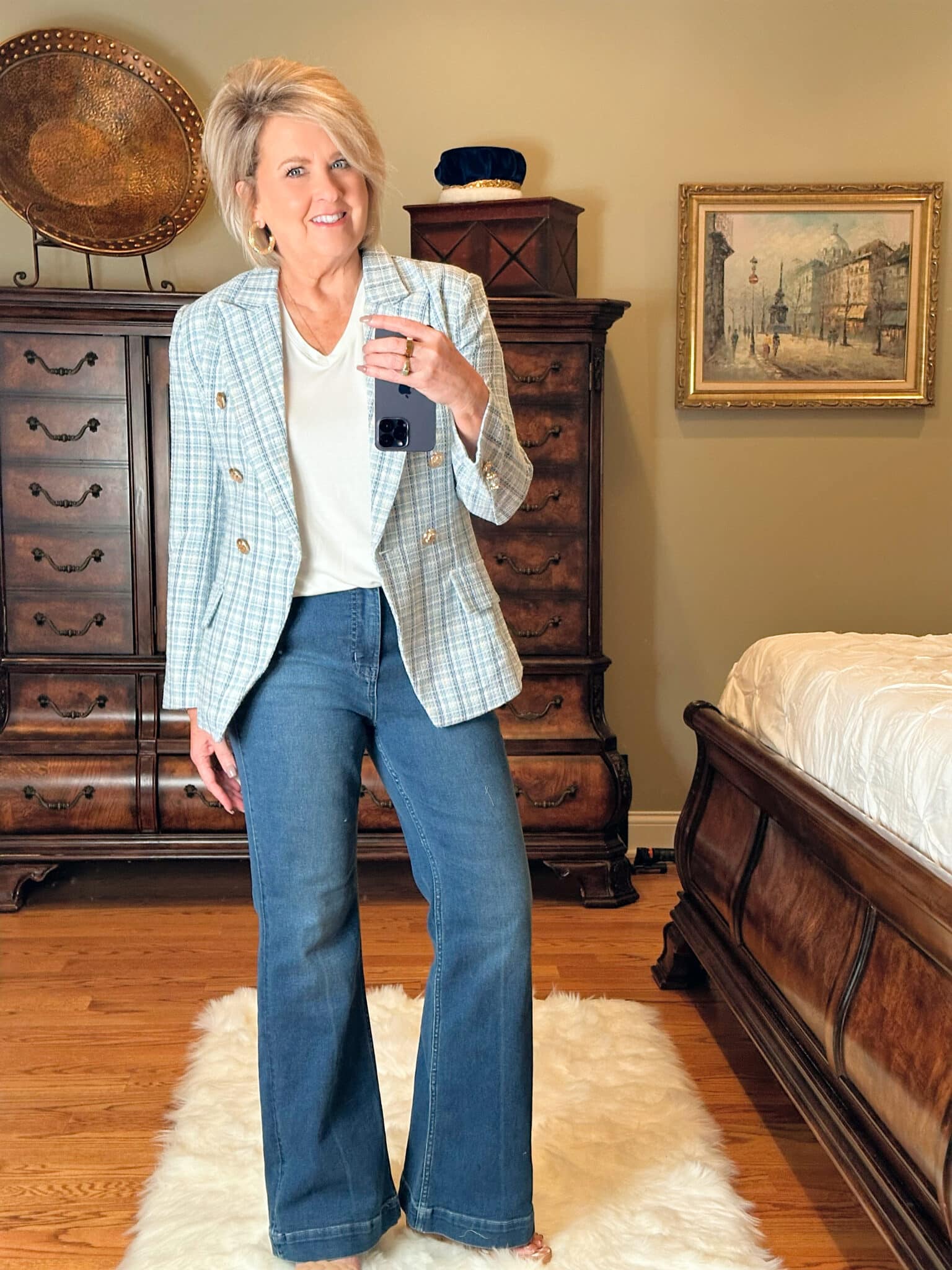 Fashion blogger, 50 Is Not Old is wearing casual and affordable styles over 50 with a blue plaid blazer from Walmart1