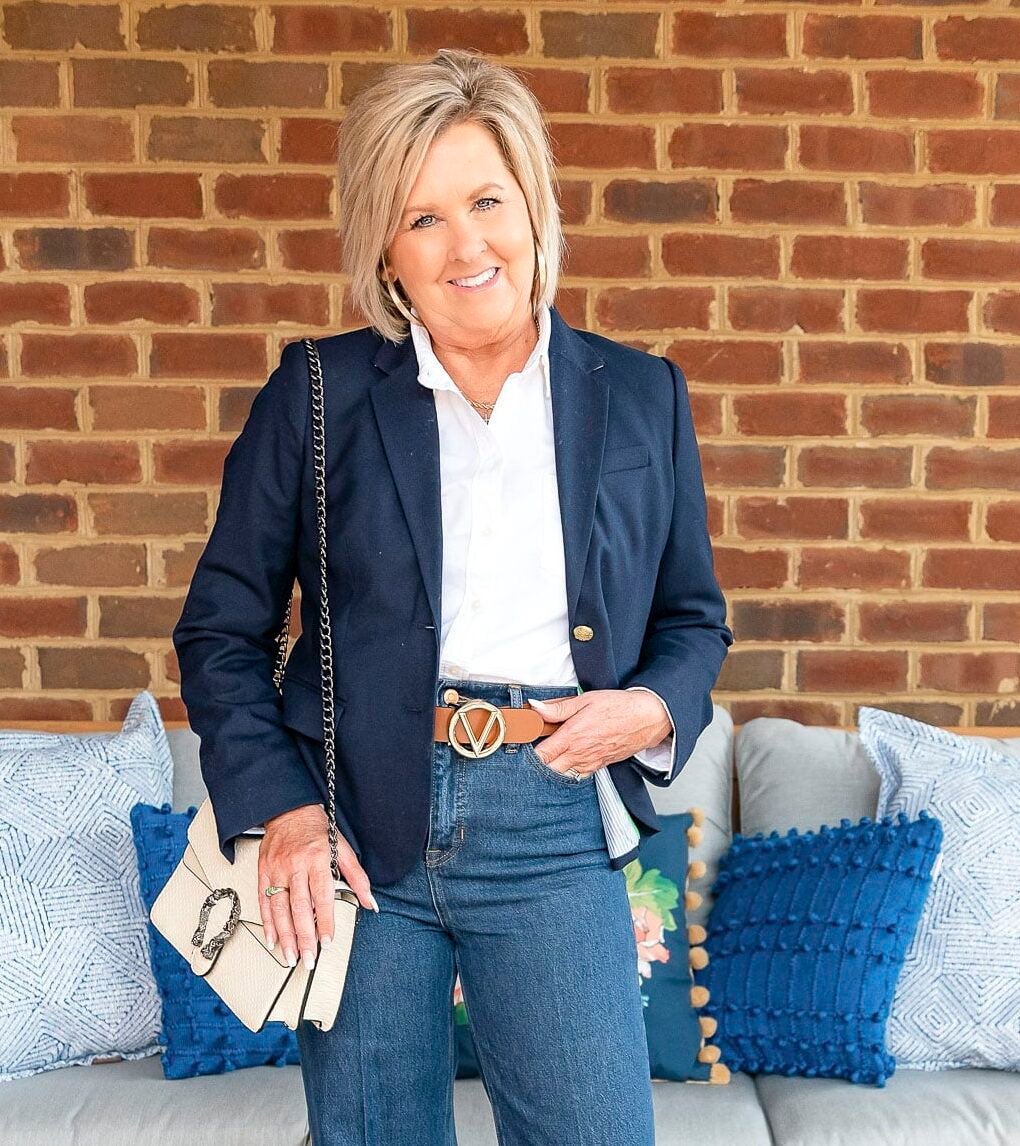 Fashion Blogger, 50 Is Not Old is showing ways to style a white button up shirt with wide leg jeans and a blazer22