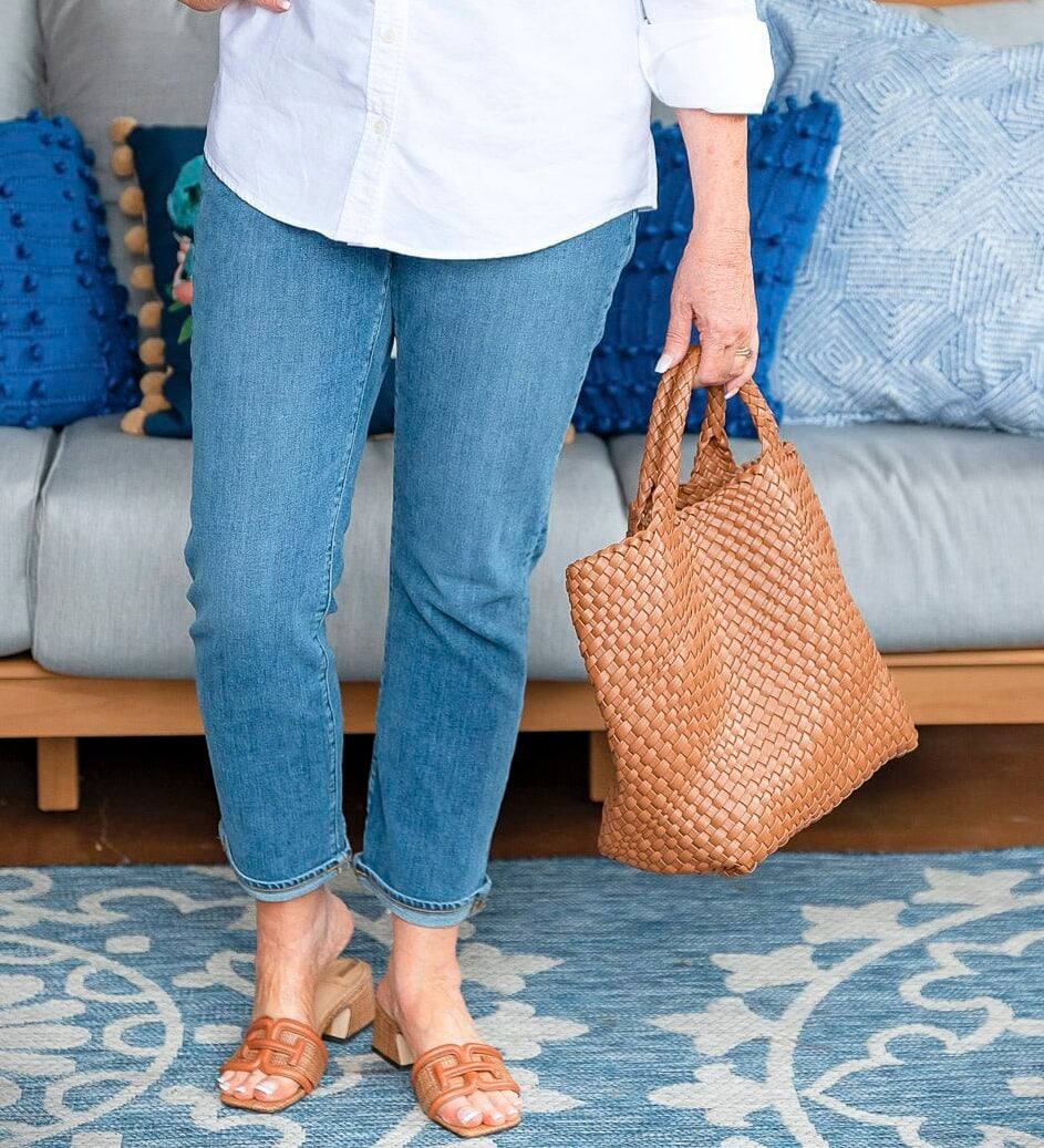 Fashion Blogger, 50 Is Not Old is showing ways to style a white button up shirt 3