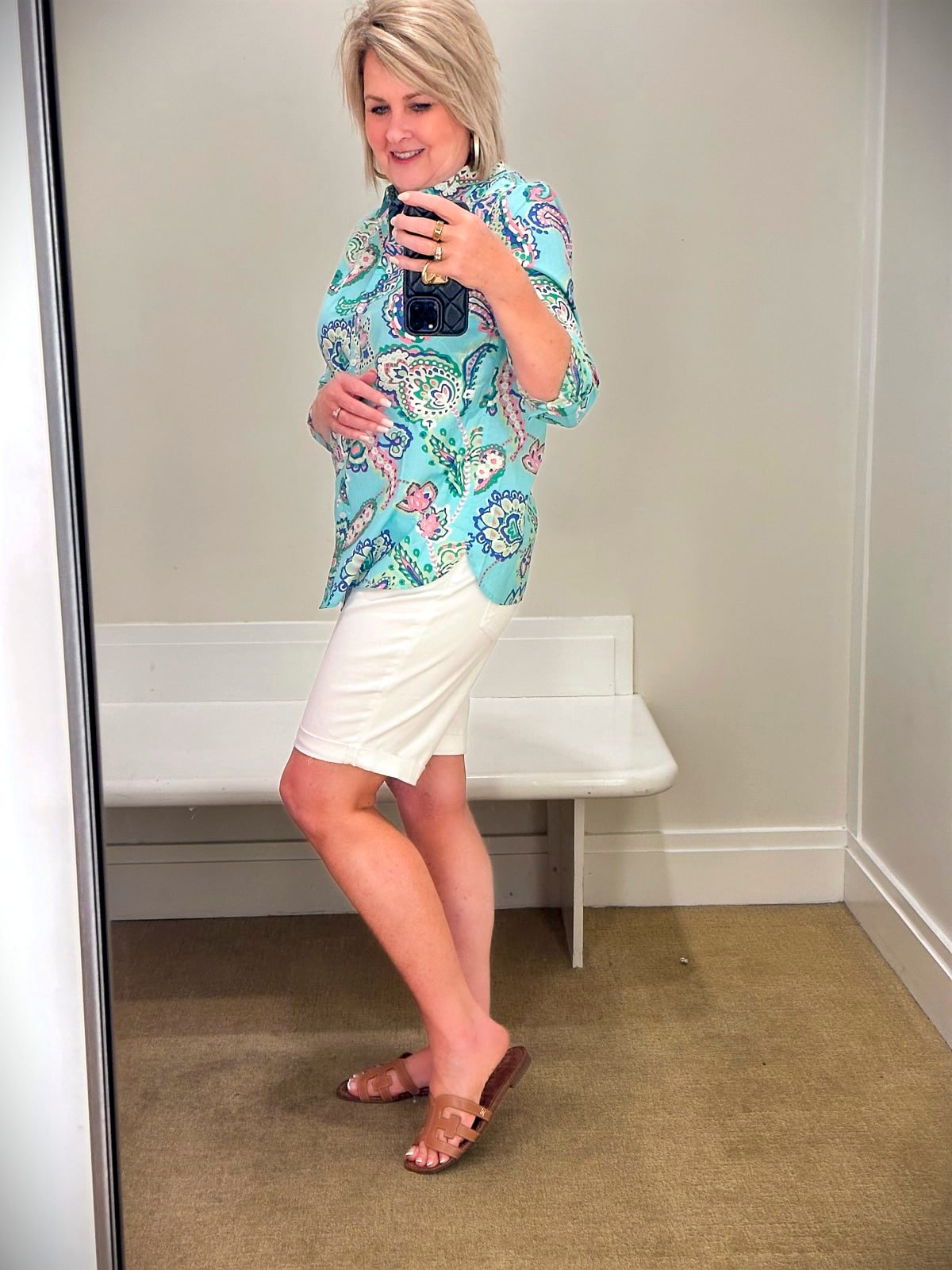 Talbots Try-On Haul with white shorts and a paisley top27