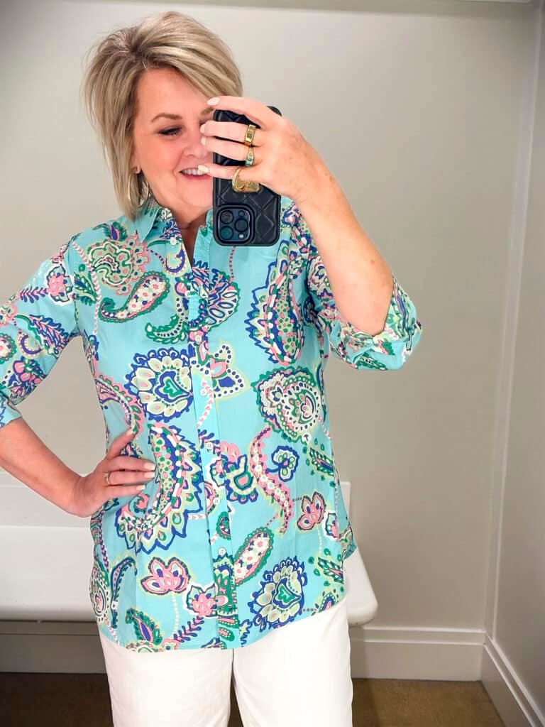 Talbots Try-On Haul with white shorts and a paisley top29