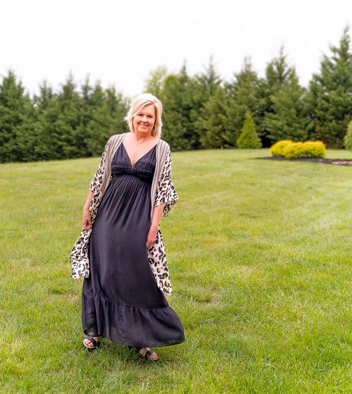 Boscov's black maxi dress and leopard kimono