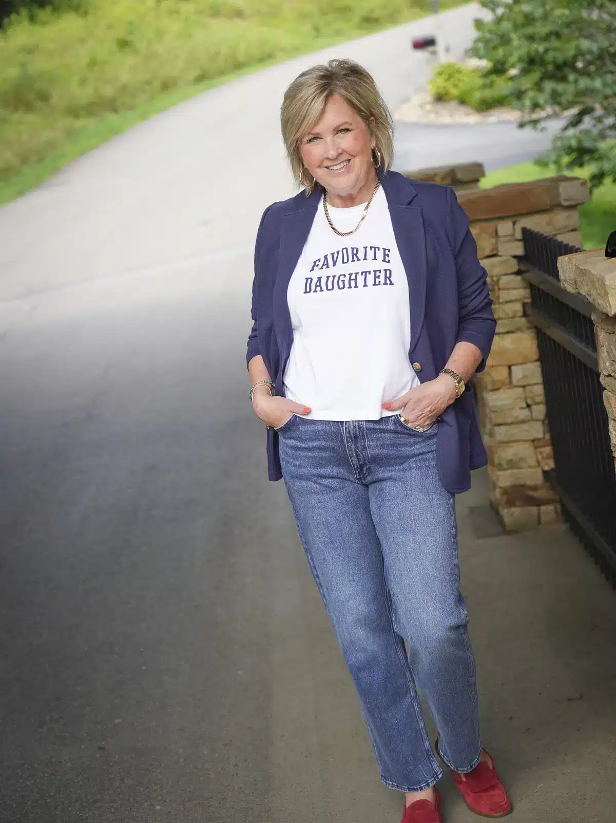 Navy Blue Blazer worn over a tee shirt for an elevated casual look