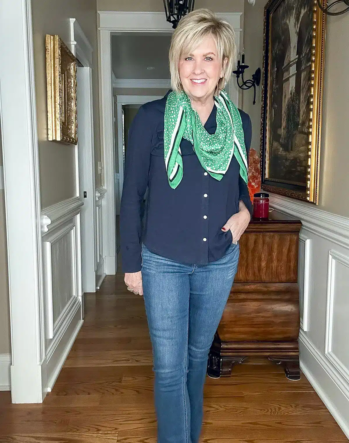 Emerald Green Scarf Looks Great Styled with Navy Top