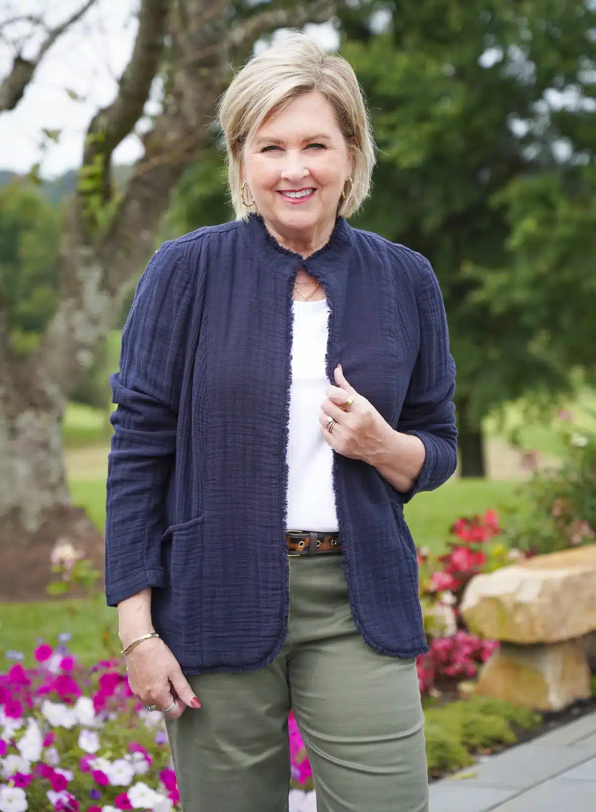 Navy Blue Cotton Gauze Fringe Jacket from J. Jill on Tania from 50 is Not Old